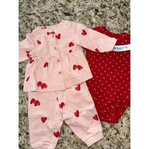 Carter's Baby Girl Size 3Months Cotton Blend Pink Hearts Three Piece Outfit5155